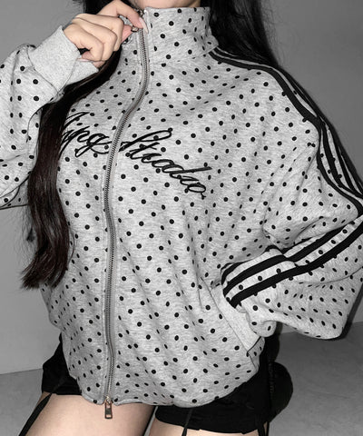 レタリングロゴ刺繍ドットラインオーバースウェットブルゾン ／ lettering logo embroidery dot line over sweat blouson