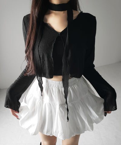 【 ２color ／ ２WAY 】チョーカーロングタイ付きショートシアーカーディガン ／ choker long tie set short sheer cardigan