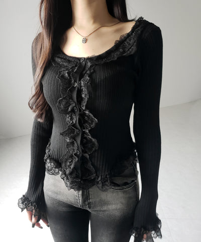 【 ３color 】レースフリルドッキングリブニットカーディガン ／ lace frill docking rib knit cardigan