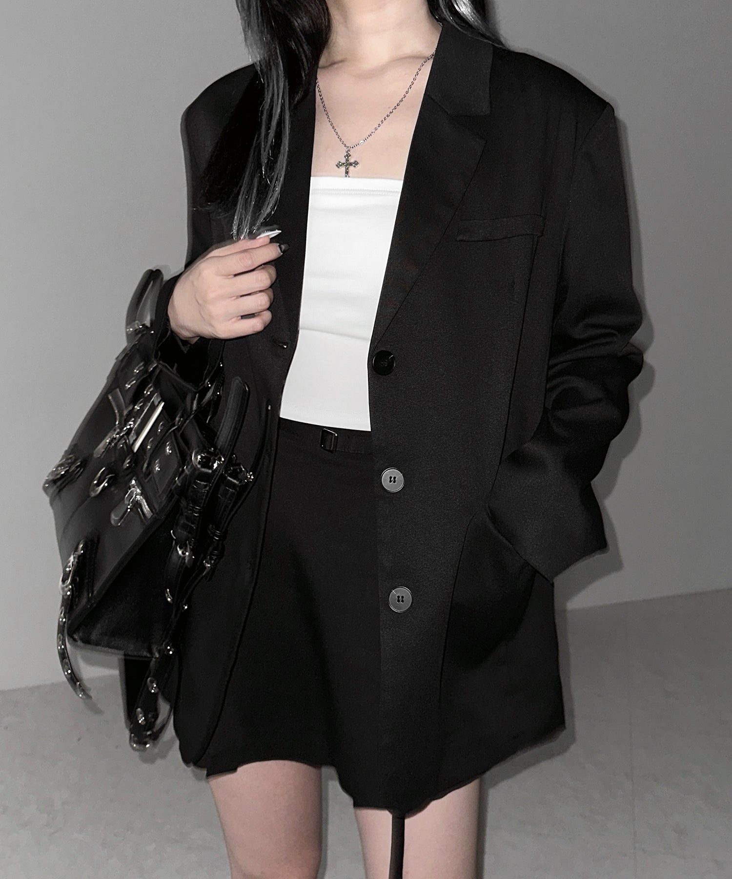 【 セットアップ 】オーバーサイズテーラードジャケット ＆ ハイウエストミニスカパン SET ／ oversize tailored jacket & high waist mini skirt pants SET