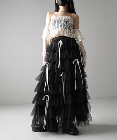 【 ４color 】ストラップリボンバレエコアチュールスカート ／strap ribbon ballet core tulle skirt
