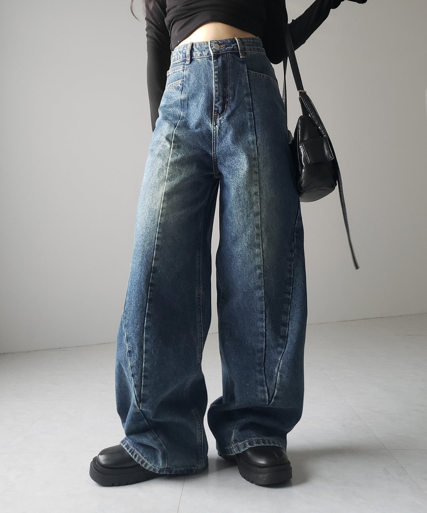 【 ３color ／ ４size 】切替パターンハイウエストワイドストレートデニム ／ kirikae pattern highwaist wide straight denim