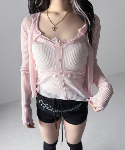【 2点セット 】フロントレースシアーニットキャミソール ＋カーディガン SET / front lace sheer knit camisole + cardigan set