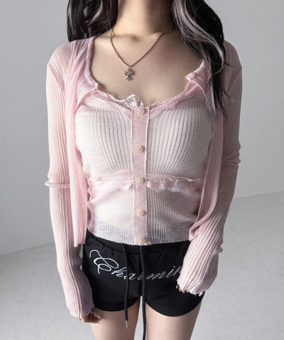 【 2点セット 】フロントレースシアーニットキャミソール ＋カーディガン SET / front lace sheer knit camisole + cardigan set