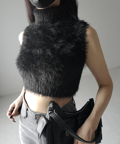 【 ３color 】タートルネックショートシャギーノースリニットトップス ／ turtleneck short shaggy nosleeve knit tops