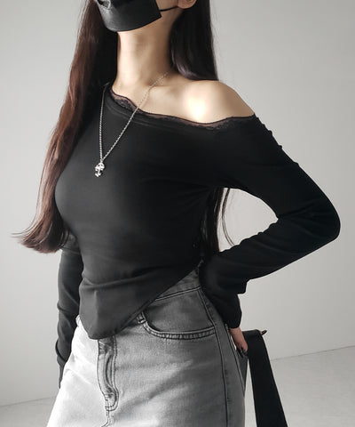 【 ２color 】ワンショルダーレースポイントスリムカットソートップス ／ one shoulder lace point slim cutsew tops