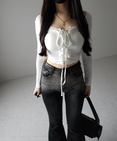 【 ３color 】レースアップフロントリボンショートスリムトップス ／ lace up front ribbon short slim tops