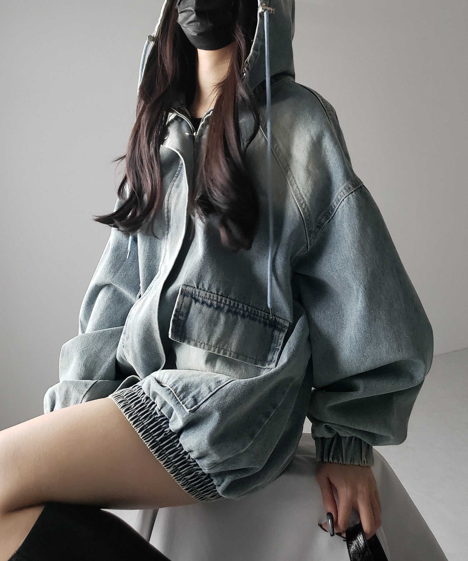 【 ２color 】ヴィンテージデニムダブルジップフードブルゾン ／ vintage denim double zip hoodie blouson