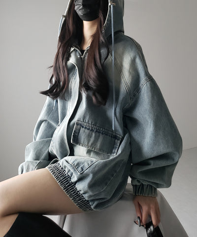 【 ２color 】ヴィンテージデニムダブルジップフードブルゾン ／ vintage denim double zip hoodie blouson