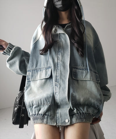 【 ２color 】ヴィンテージデニムダブルジップフードブルゾン ／ vintage denim double zip hoodie blouson
