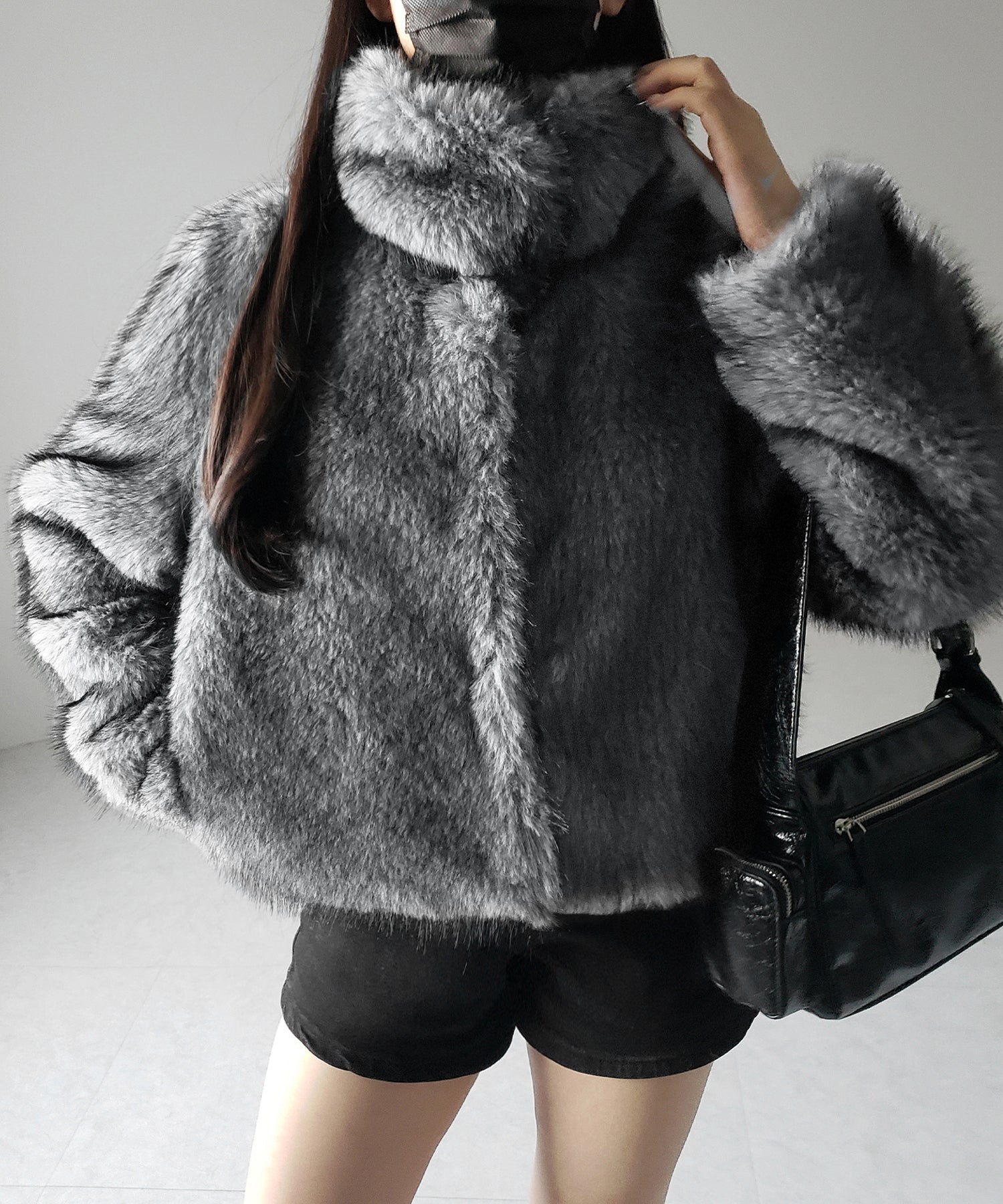 スタンドカラーミックスファーショートコート ／ stand-collar mix fur short coat