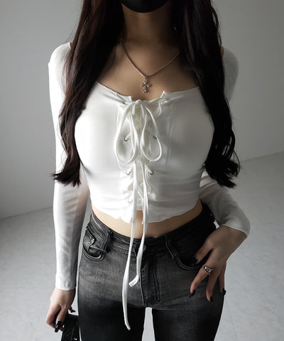 【 ３color 】レースアップフロントリボンショートスリムトップス ／ lace up front ribbon short slim tops