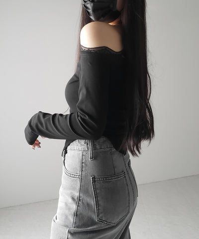 【 ２color 】ワンショルダーレースポイントスリムカットソートップス ／ one shoulder lace point slim cutsew tops