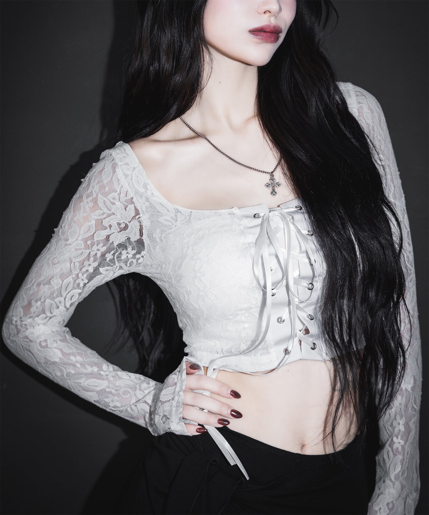 【 ２color 】レースアップコルセットリボンショートレーストップス ／ laceup corset ribbon short lace tops