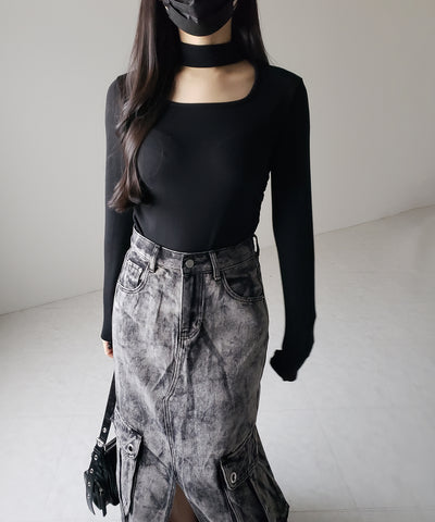 【 ３color ／ 裏起毛 】スクエアネックチョーカーシャーリングトップス ／ square neck choker shirring tops