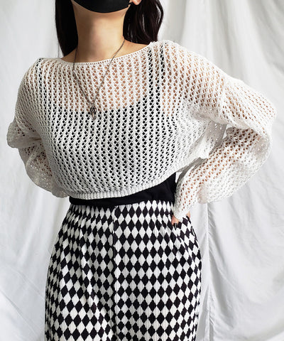 【 ７color 】ショート丈メッシュクロシェ透かし編みニット