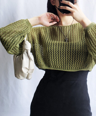 【 ７color 】ショート丈メッシュクロシェ透かし編みニット