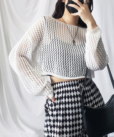 【 ７color 】ショート丈メッシュクロシェ透かし編みニット