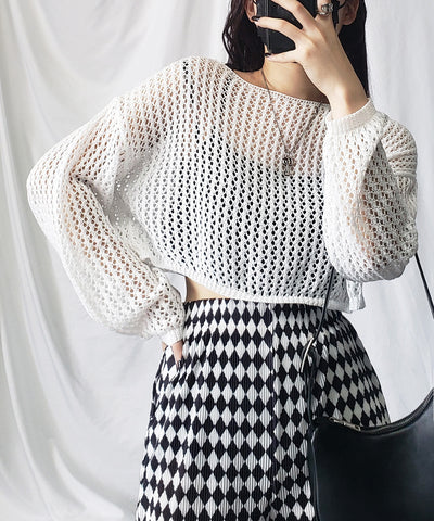 【 ７color 】ショート丈メッシュクロシェ透かし編みニット
