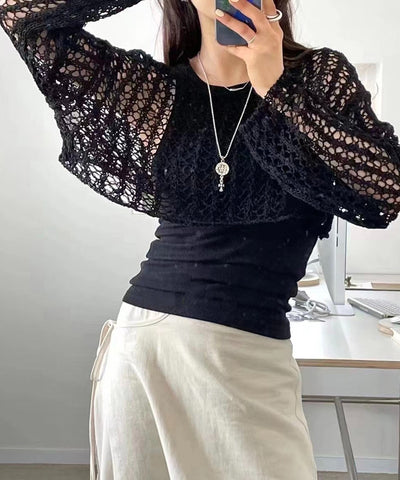 【 ７color 】ショート丈メッシュクロシェ透かし編みニット
