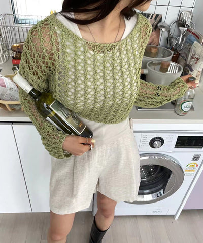 【 ７color 】ショート丈メッシュクロシェ透かし編みニット