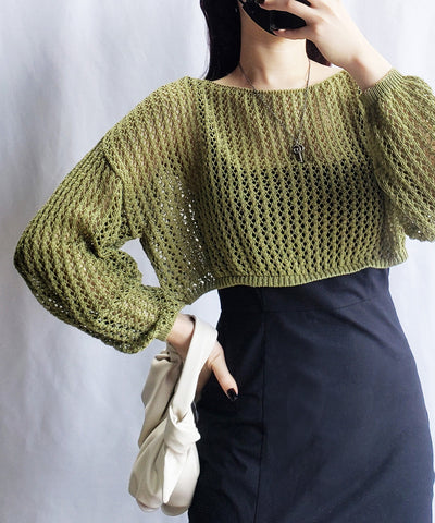 【 ７color 】ショート丈メッシュクロシェ透かし編みニット