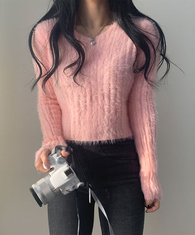 ショート丈ワイドリブシャギーニット