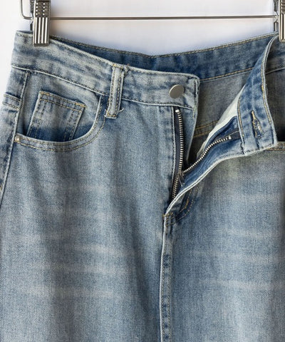 【 選べる４size／２color 】センタースリットハイウエストウォッシュデニムスカート