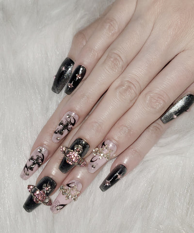 プラネットクロスピンクブラックマグネットネイルチップ／planet cross pink black magnet nail tips