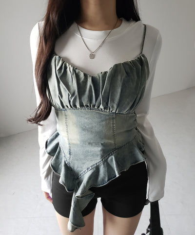 【 ２点セット 】ヴィンテージデニムビスチェ ＆ レイヤードＴシャツセット ／ vintage denim bustier & layered Ｔ-shirts set