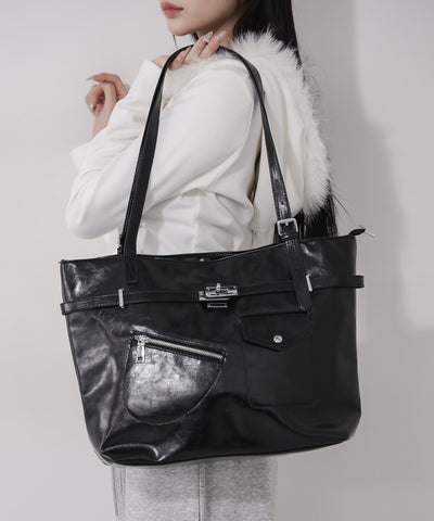 【 A4収納可 】デザインベルトフェイクレザースクエアトートバッグ ／ design belt fake leather square tote bag