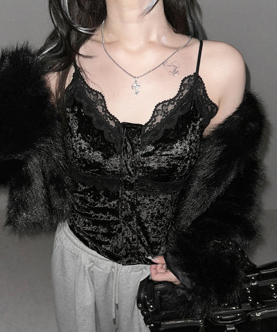 フロントボタンレースベロアショートキャミソール ／ front button lace velor short camisole