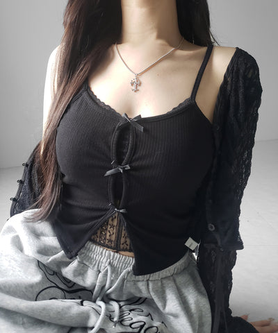 フロントリボンレースレイヤードリブキャミソール ／Front ribbon lace layered ribbed camisole