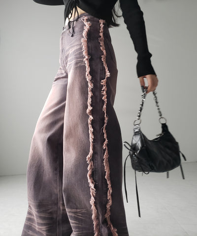 【 ３SIZE 】ヴィンテージピンクウォッシュダメージワイドデニム ／ vintage pink wash damage wide denim