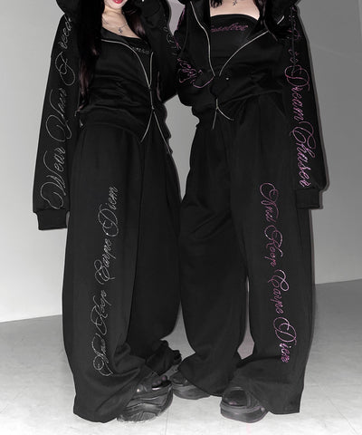 【 セットアップ可能 】ラインストーンロゴワイドスウェットパンツ ／ Rhine stone logo wide sweatpants