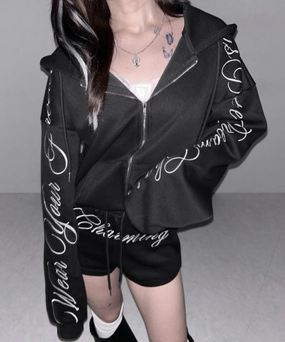 【 セットアップ 】レタリングロゴ刺繍ジップアップパーカー＆ショートパンツ ／ lettering logo embroidery zip-up hoodie ＆ short pants SETUP