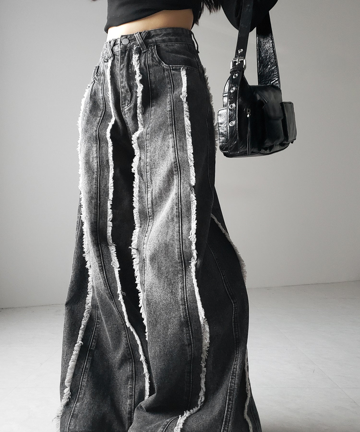 【 ４size 】フリンジラインハイウエストワイドバギーデニムパンツ ／ fringe line high waist wide buggy denim pants