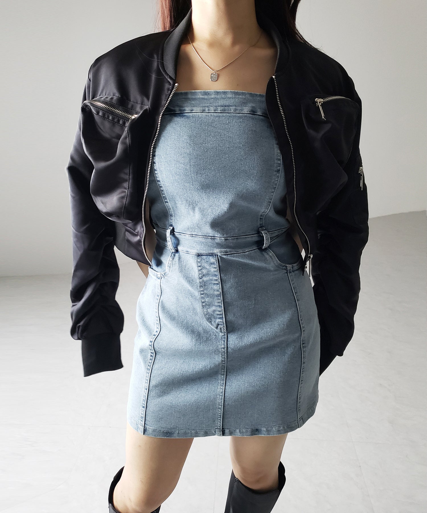 【 ２color 】ウォッシュデニムハイウエストミニキャミワンピース ／ wash denim high waist mini cami onepiece