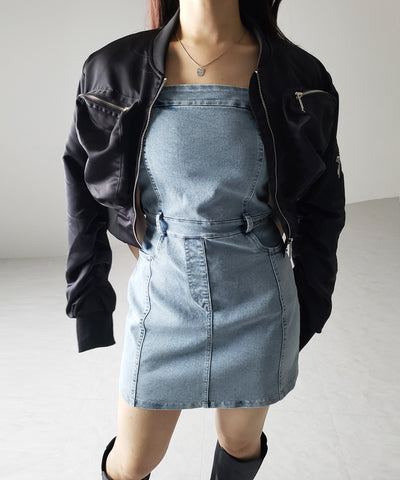 【 ２color 】ウォッシュデニムハイウエストミニキャミワンピース ／ wash denim high waist mini cami onepiece