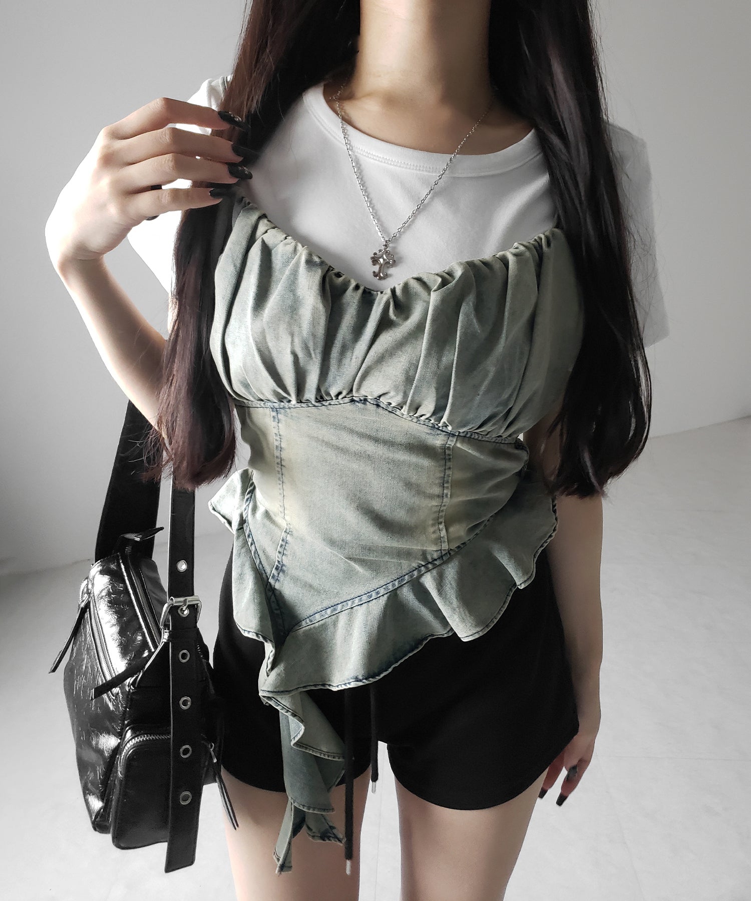 【 ２点セット 】ヴィンテージデニムビスチェ ＆ 半袖レイヤードＴシャツセット ／ vintage denim bustier & short sleeve layered Ｔ-shirts set