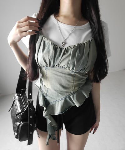 【 ２点セット 】ヴィンテージデニムビスチェ ＆ 半袖レイヤードＴシャツセット ／ vintage denim bustier & short sleeve layered Ｔ-shirts set