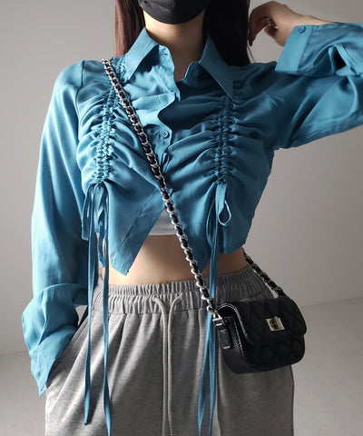 【 ３color 】ダブルリボンシャーリングショートシアーシャツ ／ double shirring ribbon short sheer shirts