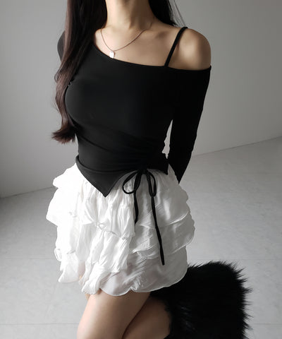 【 裏起毛 ／ カップ付 】サイドシャーリングリボンワンショルトップス ／ side shirring ribbon one shoulder tops