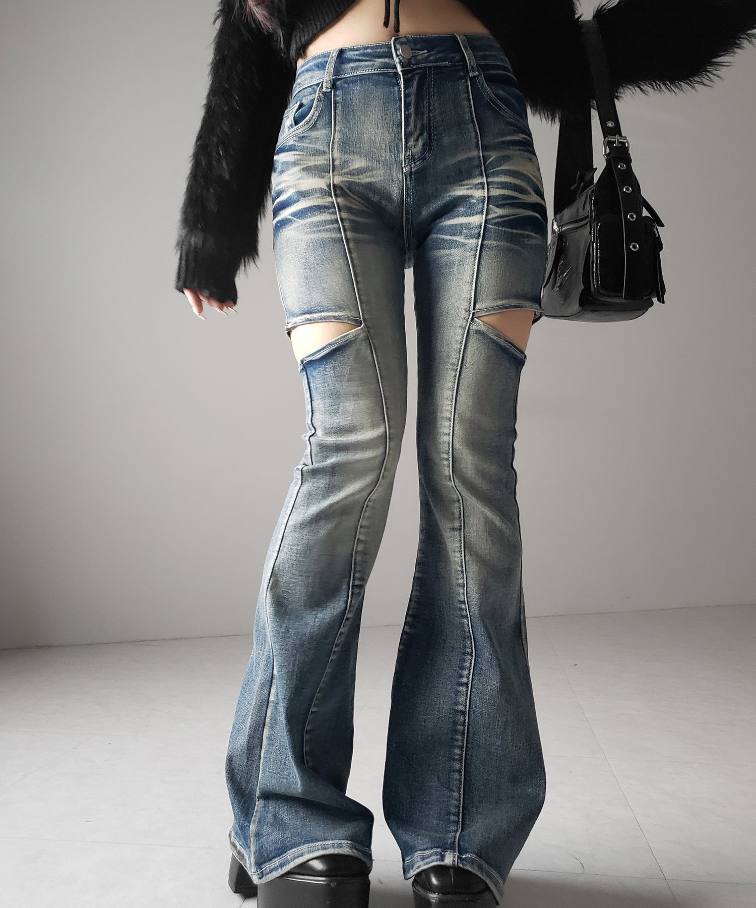 【 ２color ／ ３size 】カットアウトヴィンテージストレッチフレアデニム ／ cutout vintage stretch flare denim