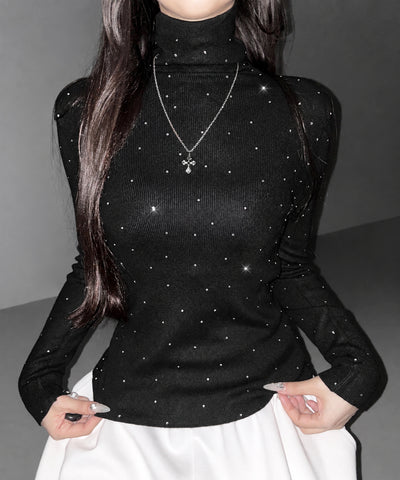 ラインストーンタートルニットトップス ／ Rhinestone turtleneck knit tops