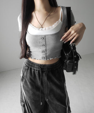 【 ２点セット 】レイヤードレースキャミソール ＋ スクエアネックフロントボタンTシャツ SET
