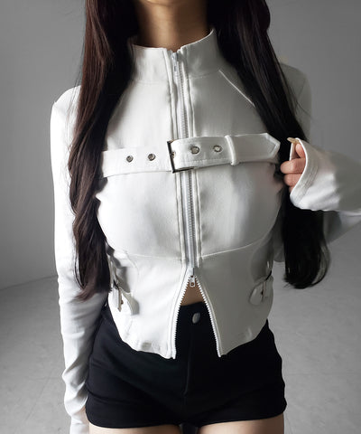 スタンドカラーベルテッドダブルジップスリムトップス ／ stand collar belted double zip slim tops