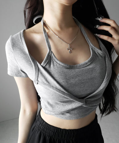 ホルターネックレイヤードショートぴちＴシャツ ／ halter neck layered short pichi T-shirts