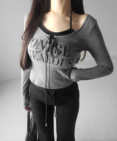 【 クロスネックにできる２WAY 】レースアップフェイクレイヤードロゴカットソートップス ／ laceup fake layered logo cutsew tops