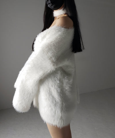 【 ２color 】チョーカータイ付きルーズシャギーニット ／ choker tie set loose shaggy knit